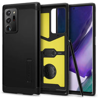 Galaxy Note 20 Ultra Tough Armor Black Case showing the back, inside, front and pen